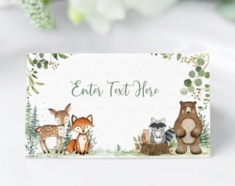 EDITABLE Woodland Food tags, Wild one Buffet label, Woodland Tent card Food Labels,  Place Cards, Table Card, Boy Instant download W206