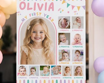 Plakat ze zdjęciem „Fun to Be One” – czapka imprezowa z napisem „One is Fun” na urodziny, kolorowy znak z okazji pierwszych urodzin dziewczynki, spersonalizowane zdjęcie z okazji pierwszych urodzin