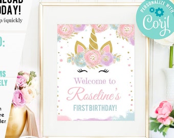 Printable Welcome Sign Watercolor Flowers Unicorn Rainbow Theme DIGITAL FILES Birthday Party Door sign Personalized Signage 10-090