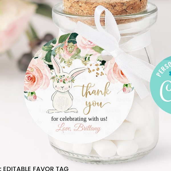 EDITABLE Bunny Birthday Favor tags, Bunny 1st Thank you tags, Pink Gold Bunny Gift tags Spring Floral Digital Instant download Template