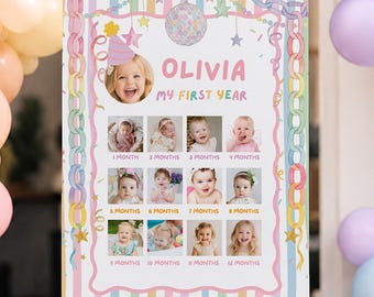 Plakat ze zdjęciem „Fun to Be One” – czapka imprezowa z napisem „One is Fun” na urodziny, kolorowy znak z okazji pierwszych urodzin dziewczynki, spersonalizowane zdjęcie z okazji pierwszych urodzin