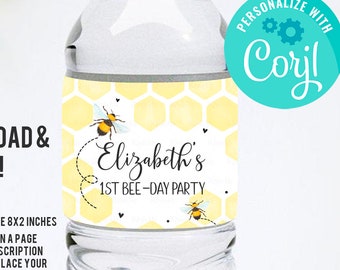 Editable Bee Bottle Label Girl Honey Bee Water bottle labels Sweet To Bee One Digital Bumble Bee Theme Instant download Template Printable