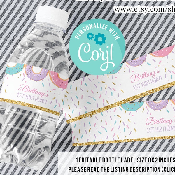 EDITABLE Donut Grow Up Bottle Label, Water labels Printable 1st Birthday Template, doughnut Girl Pink and gold Printable Instant download