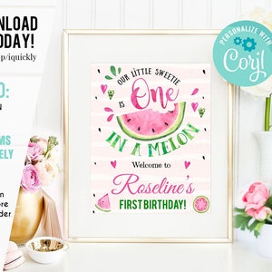 EDITABLE Watermelon Birthday Party Welcome sign, One in a melon Printable 1st Birthday Decorations Template, Girl One Instant download
