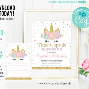 EDITABLE Unicorn Time Capsule Matching Note Cards, First Birthday Unicorn Party, Magical Unicorn 1st Birthday Time Capsule Instant download