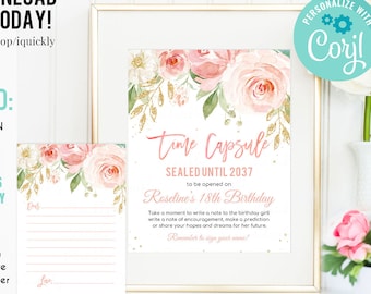 EDITABLE Floral Blush Pink And Gold Time Capsule and Matching Note Cards Floral Blush Pink Gold 1st Birthday Time Capsule Instant download