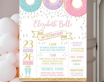 Poster modificabile per il compleanno di Donut Milestone, tabellone per il primo compleanno di Donut, modello di cartello per lavagna per la festa di crescita di Donut, download immediato