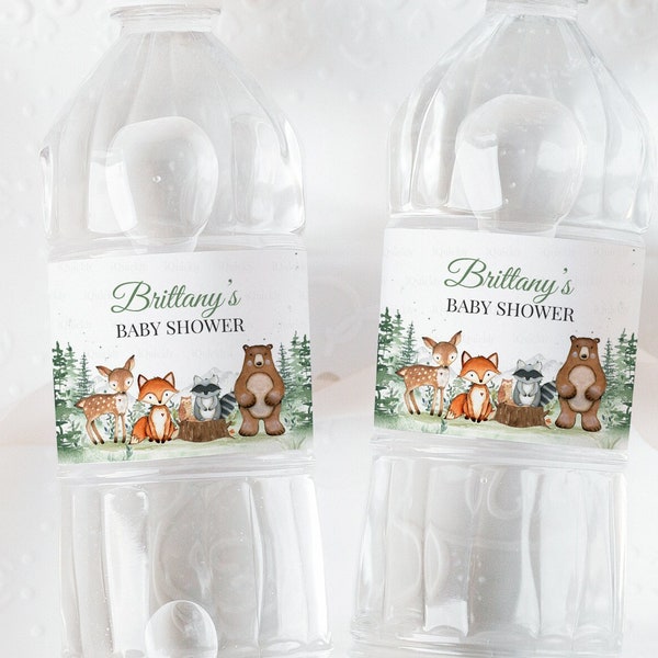 Étiquette de bouteille de douche de bébé Woodland modifiable, garçon Woodland animaux eau étiquette téléchargement immédiat modèles imprimables W206