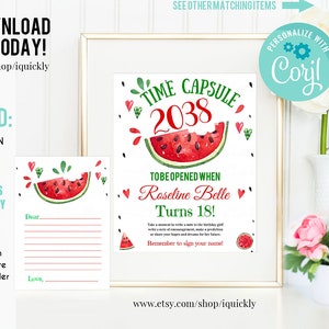 EDITABLE Watermelon Time Capsule Matching Note Cards First Birthday One in a melon Party 1st Birthday Time Capsule Instant download template