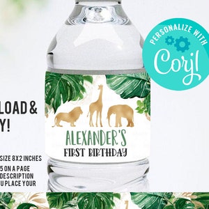 Jungle gold Bottle Label EDITABLE Boy Safari animals Water bottle labels Wild One Digital Labels Safari Instant download template printable