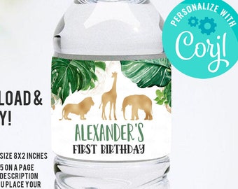 Jungle gold Bottle Label EDITABLE Boy Safari animals Water bottle labels Wild One Digital Labels Safari Instant download template printable