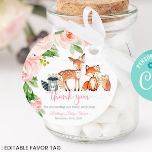 Woodland Baby Shower Favor tags BEWERKBAAR, Meisje bosdieren Bedankt tags, Gift tags Woodland Thema Nodigt Instant download Printable
