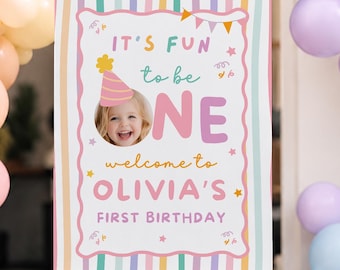 Fun to Be One Birthday Welcome Sign, Colorful girl First Birthday Yard sign (Canva Template)