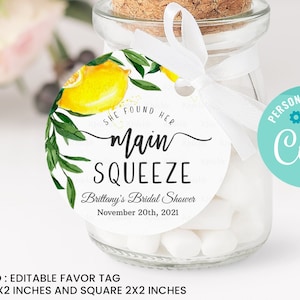 Editable She Found Her Main Squeeze Bridal Shower Favor tags, Lemon Citrus Watercolor Thank you tags, Gift tags Summer Instant Download