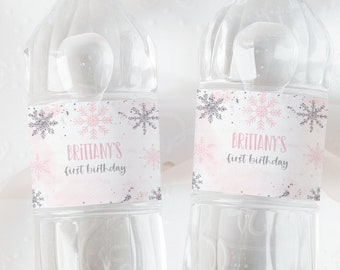 Etiqueta editable para botella de cumpleaños de Winter Onederland, etiqueta de agua con niña de copo de nieve floral, plantillas imprimibles de descarga instantánea Winter01