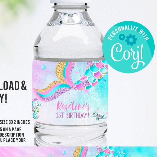 EDITABLE Mermaid birthday Water bottle label, Mermaids Bottle Label Decorations Under the sea Instant Digital download Printable M1