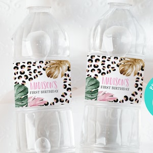 Editable Safari Leopard Print Water Bottle Labels Wild One 1st Birthday Party Water Bottle Labels Water Bottle Wraps Template Digital LE006