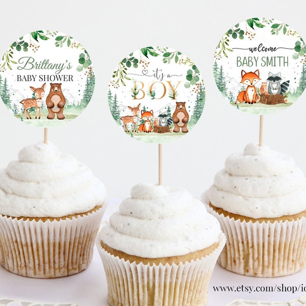 EDITABLE Woodland Baby shower Cupcake toppers, Boy woodland animals cake topper Decorations Instant Download Printable templates W206