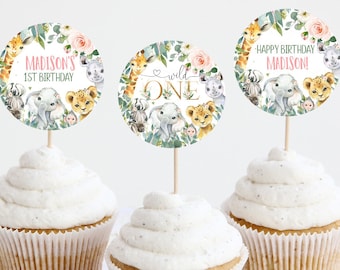 EDITABLE Safari Birthday Cupcake Toppers, Jungle animals Party Decorations, Wild One Cupcake toppers Instant download Printable Digital