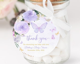 Editable Butterfly Baby Shower Favor tags EDITABLE, Purple Butterfly Thank you tags, Gift tags party favors Printable Instant download BU102