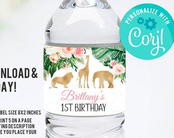 Jungle gold Bottle Label EDITABLE Boy Safari animals Water bottle labels Wild One Digital Labels Safari Instant download template printable