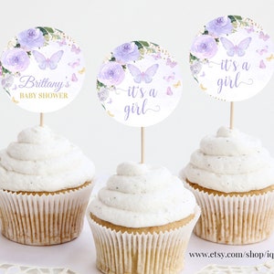 EDITABLE Butterfly Baby Shower Cupcake toppers Purple Butterfly theme Baby Shower cake topper Party decoration Instant Download BU102