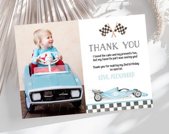 Edytowalne DWA Szybkie urodziny Dziękuję karta Samochód wyścigowy 2 urodziny Notatka samochód Samochód wyścigowy Vintage Racecar Wydrukuj szablon Natychmiastowe pobranie FA06