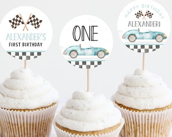 Editable Fast one Birthday Cupcake toppers Racecar Party Cake toppers Racing car Vintage Template printable Instant Digital download FA05
