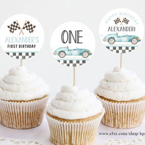 Editable Fast one Birthday Cupcake toppers Racecar Party Cake toppers Racing car Vintage Template printable Instant Digital download FA05
