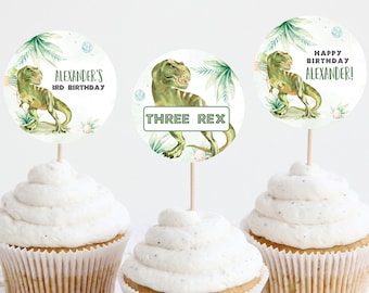 BEWERKBARE Drie rex verjaardag Cupcake toppers, Dinosaur taart topper, Dinosaur decor Instant Download Printabel sjablonen DIN001