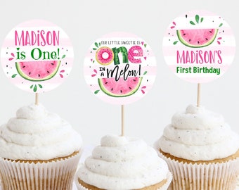 EDITABLE Watermelon Cupcake Toppers, One in a melon Circle Party Decorations, Pink Watermelon Cake toppers Instant download Template WM3