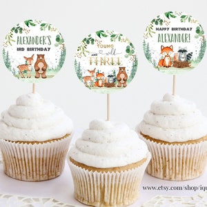 EDITABLE Woodland Birthday Cupcake toppers, Boy woodland animals cake topper Decorations Instant Download Printabel templates W203