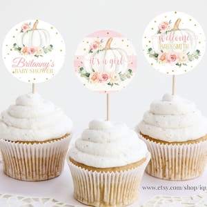 EDITABLE Pumpkin Baby Shower Cupcake toppers, Floral Pink and gold Girl little Pumpkin Shower cake topper, Fall Autumn Instant Download P1