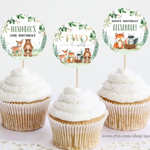 EDITABLE Woodland Birthday Cupcake toppers, Boy woodland animals cake topper Decorations Instant Download Printabel templates W202
