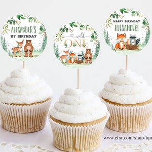 EDITABLE Woodland Birthday Cupcake toppers, Boy woodland animals cake topper Decorations Instant Download Printabel templates W201