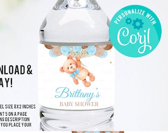EDITABLE Teddy bear baby shower Water bottle label, Boy Baby Shower Bottle Label Decorations Bear Themed Instant Digital download Printable