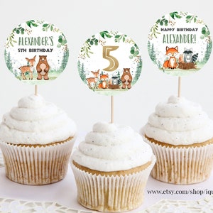 EDITABLE Woodland Birthday Cupcake toppers, Boy woodland animals cake topper Decorations Instant Download Printabel templates W205