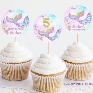 Editable Mermaid Birthday Cupcake toppers Under the Sea Cake toppers Template printable Instant Digital download M1
