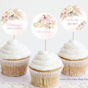 EDITABLE Pumpkin Baby Shower Cupcake toppers Floral boho Girl little Pumpkin Baby Shower cake topper Fall Autumn Instant Download PB05