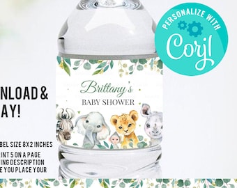 Safari Baby shower Bottle Label EDITABLE Boy Jungle animals Water bottle Wild One Digital Labels Safari Instant download template printable