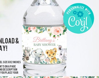 Safari Baby shower Bottle Label EDITABLE Boy Jungle animals Water bottle Wild One Digital Labels Safari Instant download template printable