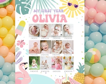 One in the sun Birthday monthly milestone photo poster Editable Pool Party Photo sign banner Decoration Printable Template Digital Download