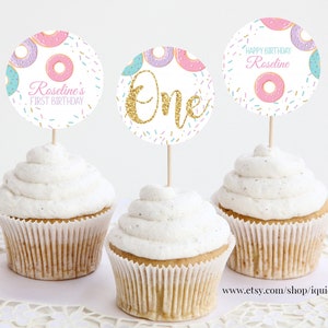 EDITABLE Donut Grow Up baby shower, Cupcake Toppers Girl Baby Shower Decorations, doughnut Birthday toppers Instant download Printable