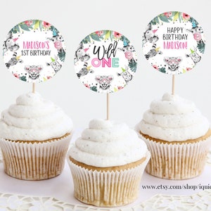 Editable Party Animals Cupcake Toppers Favor Tags Birthday Party Decoration Safari Animals Zoo Girl Birthday Wild One download Digital