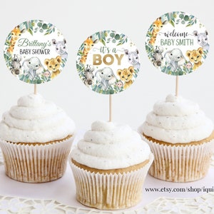 EDITABLE Safari Baby shower Cupcake Toppers, Jungle animals Party Decorations, Wild One Cupcake toppers Instant download Printable Digital