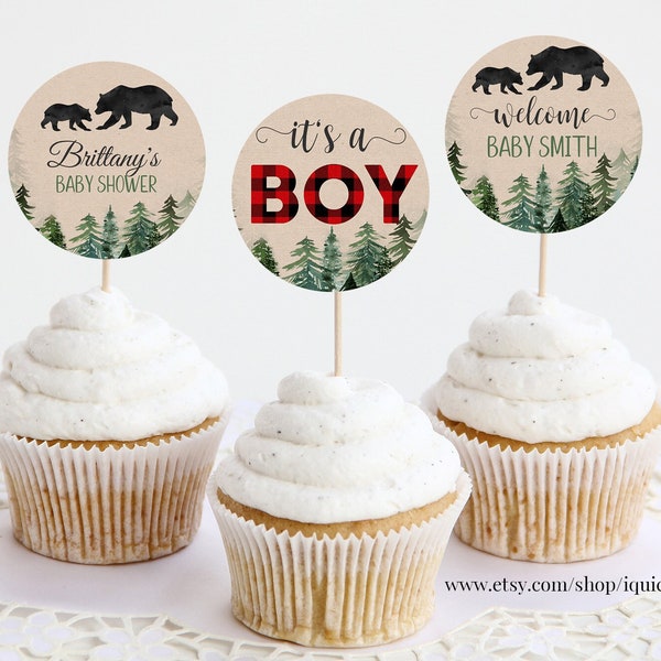 Editable Lumberjack Baby Shower Cupcake toppers, Buffalo Plaid Cake Toppers, Bear Rustic Boy, Cub Printable Template Instant Download