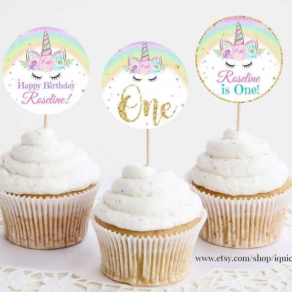 EDITABLE Unicorn Cupcake Toppers, Decoración del Círculo de Unicornio, Fiesta de Cumpleaños de Unicornio Arco Iris Unicornio Mágico Cupcake Toppers Descarga instantánea