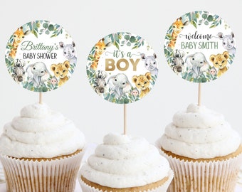 EDITABLE Safari Baby shower Cupcake Toppers, Jungle animals Party Decorations, Wild One Cupcake toppers Instant download Printable Digital