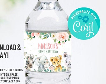Safari Bottle Label EDITABLE Girl Jungle animals Water bottle labels Wild One Digital Labels Safari Instant download template printable