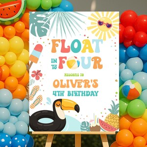 Welkomstbord zwembadfeestje Bewerkbaar Drijven in vier Tropische spetters Splash Girl Party-bord Tuinbord Zomerzwemfeest Elke leeftijd Digitaal